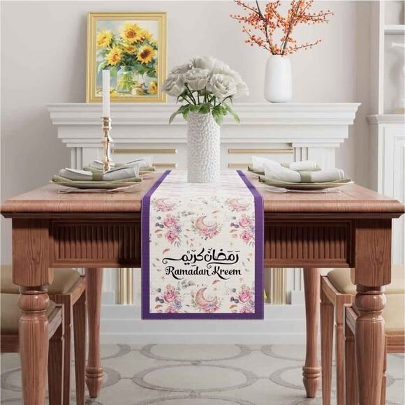 Ramadan Kareem Watercolor Moon Flower Table Runner Burlap Table Decoration , NEW - Picture 2 of 7